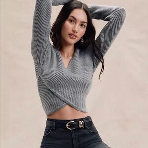 LOFT Gray Ribbed Crossover Knit Sweater
